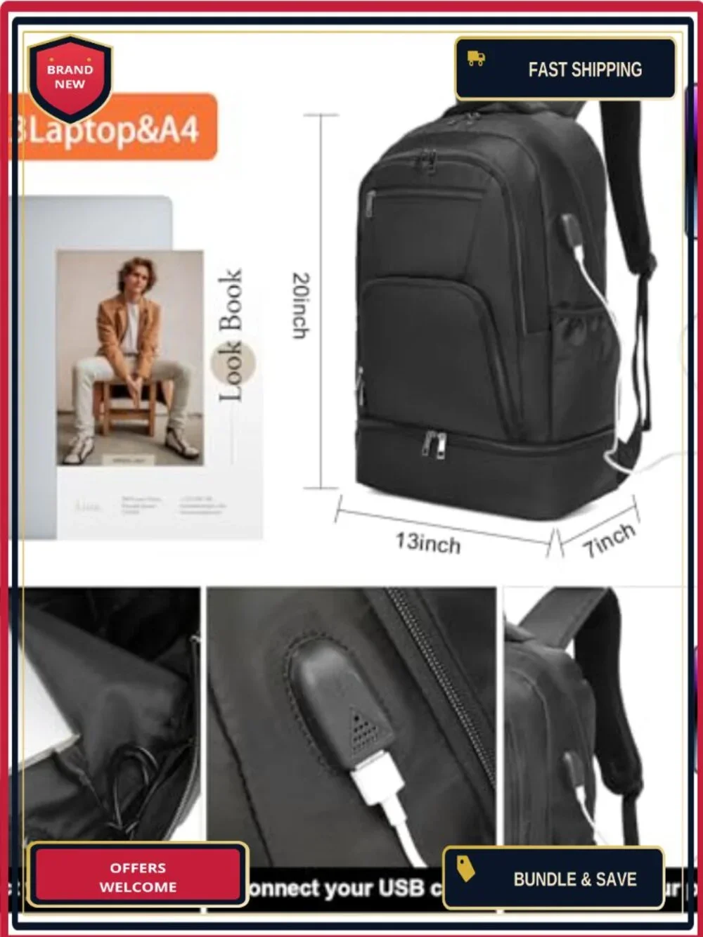 Gym Backpack with Shoe Compartment, USB Charging Port, Waterproof Nylon Laptop